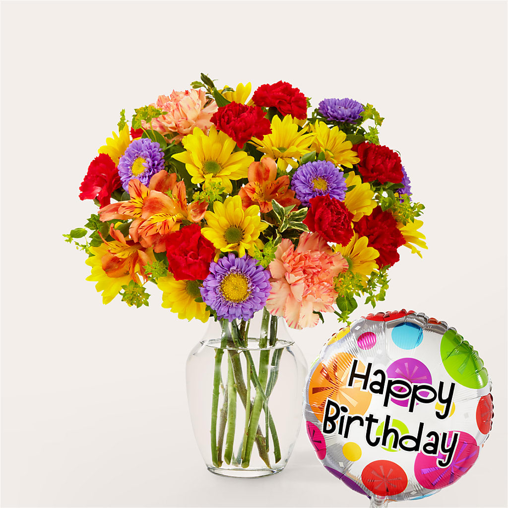 Kaleidoscope Bouquet with Birthday Balloon – United Family Flower And Gifts, Brooklyn NY