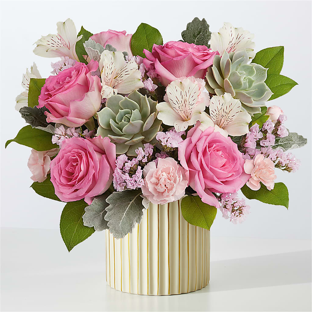 Dusty Rose Bouquet with Ivory Vase – United Family Flower And Gifts, Brooklyn NY