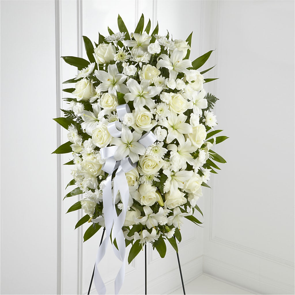 Exquisite Tribute Standing Spray-White Ribbon – United Family Flower And Gifts, Brooklyn NY