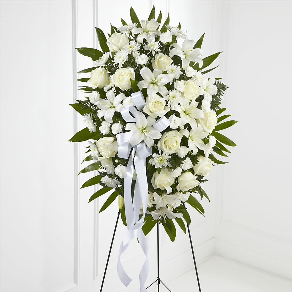 Exquisite Tribute Standing Spray-White Ribbon – United Family Flower And Gifts, Brooklyn NY