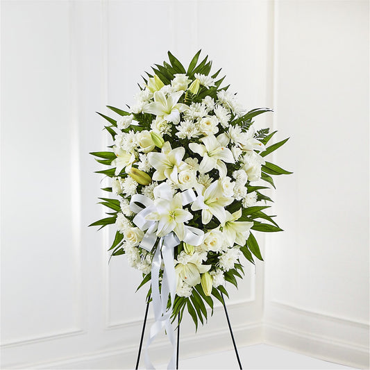 Exquisite Tribute Standing Spray-White Ribbon – United Family Flower And Gifts, Brooklyn NY