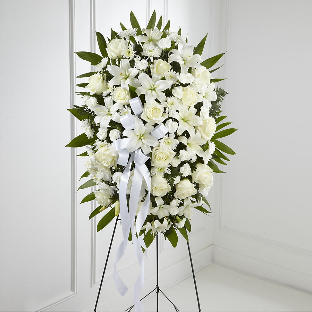 Exquisite Tribute Standing Spray-White Ribbon –  United Family Flower And Gifts, Brooklyn NY