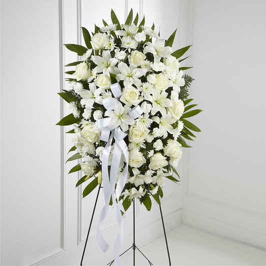 Exquisite Tribute Standing Spray-White Ribbon –  United Family Flower And Gifts, Brooklyn NY
