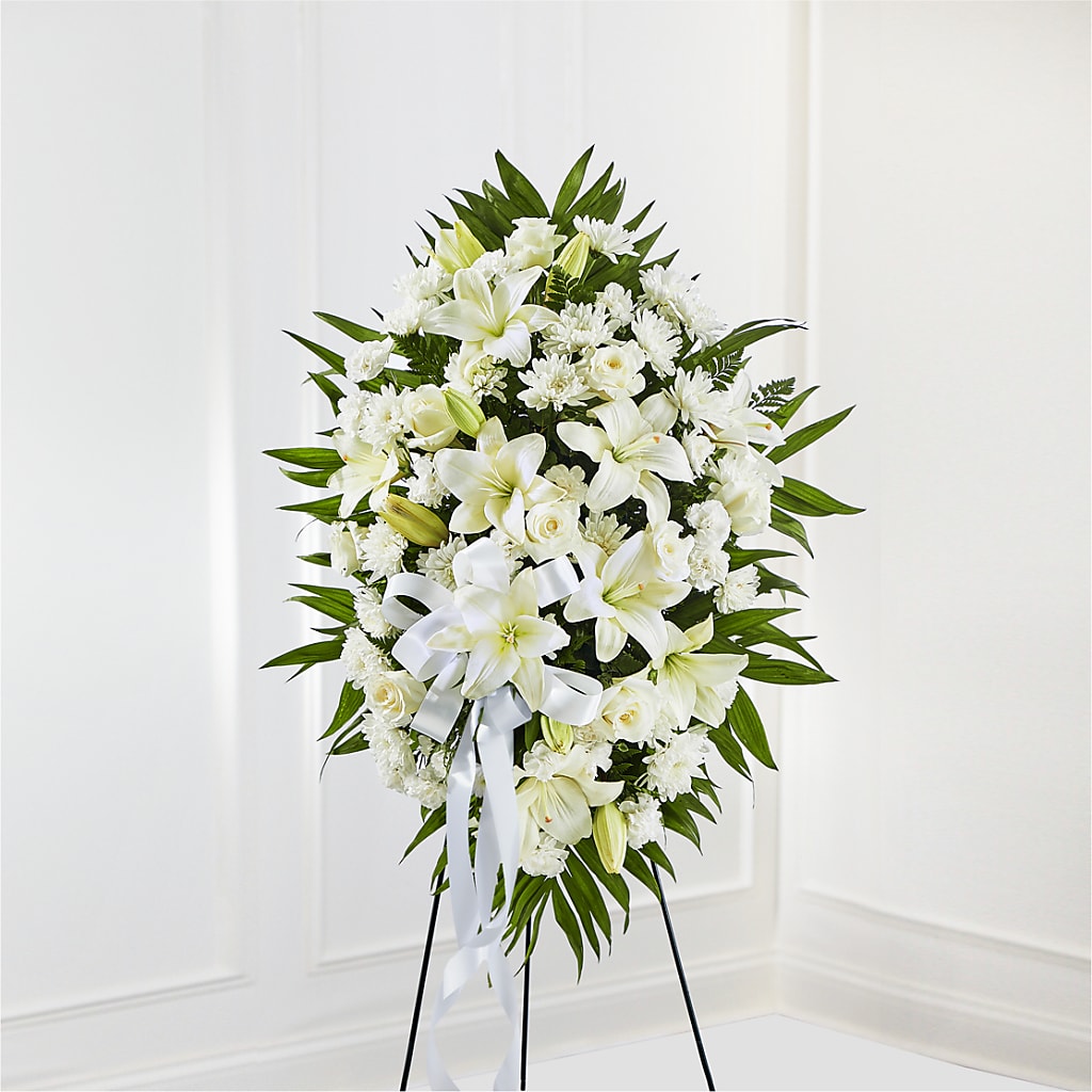 Exquisite Tribute Standing Spray-White Ribbon –  United Family Flower And Gifts, Brooklyn NY